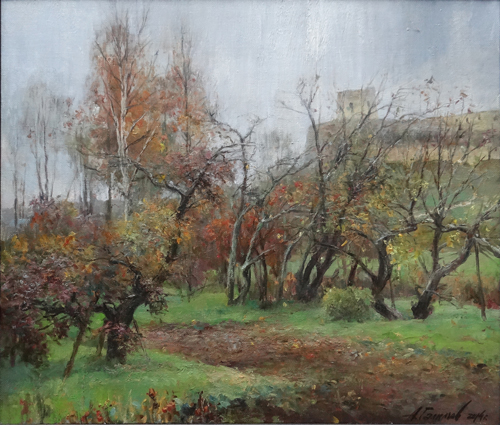 Painting Galimov Azat.Apple trees in the rain. Izborsk.