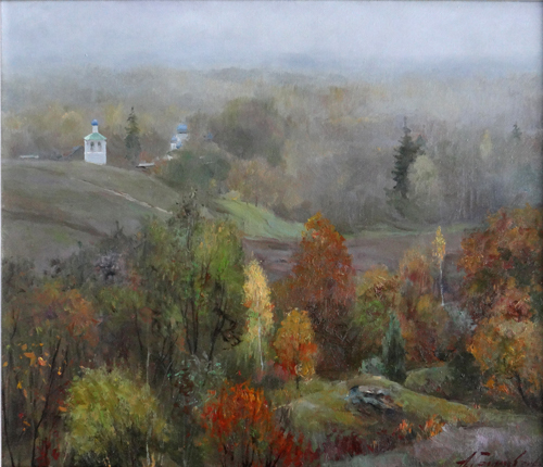 Painting Galimov Azat.A foggy morning. Izborsko - Malskaya Valley.