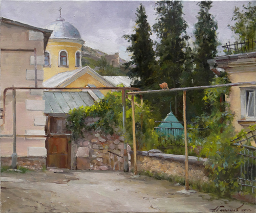 Картина Азата Галимова. Балаклава. Двор у Церкви святых Двенадцати Апостолов.