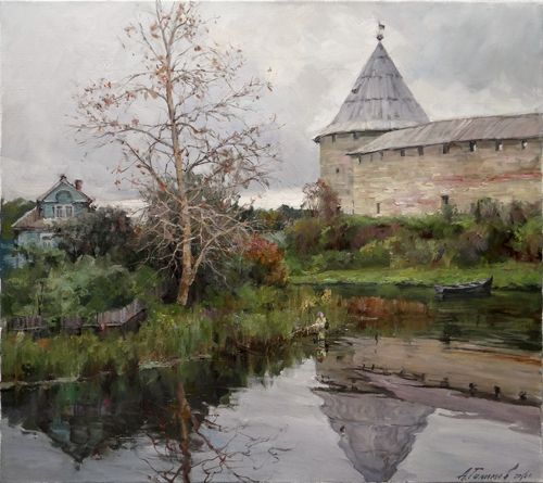 Painting Galimov Azat.At the walls of the Old Ladoga fortress. Ladozhka River. 