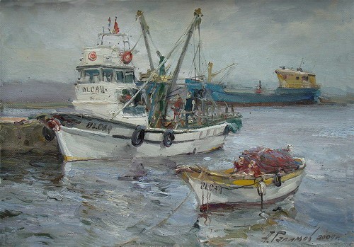 Painting Azat Galimov.Bad weather. Old street.