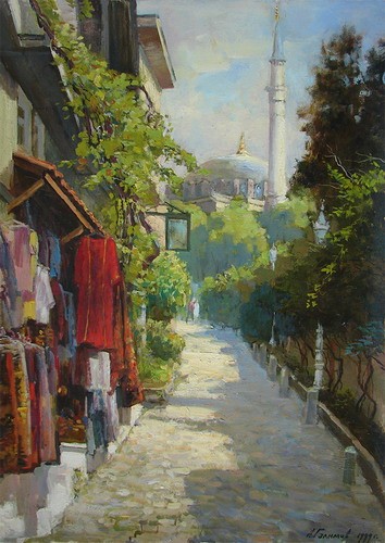 Painting Azat Galimov.Sultan Ahmet. Old street in the heart of Istanbul.
