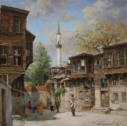 Painting Azat Galimov.Street of old Istanbul in the area Fattah. 