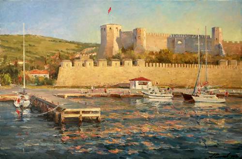 Painting Azat Galimov.Bozcaada. Sunset over the fortress. 
