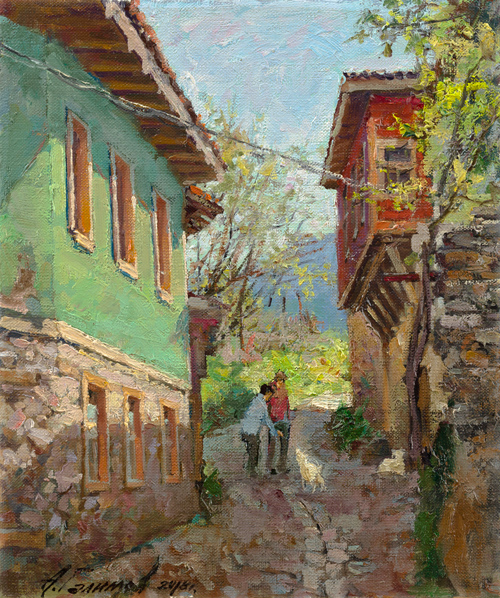 Painting Azat Galimov.Walk through the streets of Cumalikizik. Turkey.