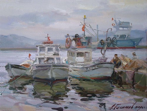 Painting Azat Galimov.Evening on the fishing pier.