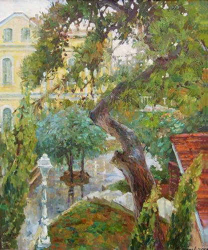Painting Azat Galimov.Princes' Islands in the rainy day. Window View.